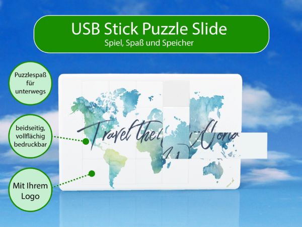 USB-Stick Puzzle Slide mit Weltkarten-Design, beidseitig bedruckbar und ideal für individuelle Logos.