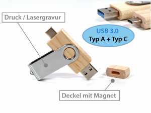 USB-Stick mit Holzgehäuse, Typ A und Typ C, individuell bedruckbar und mit magnetischem Deckel.