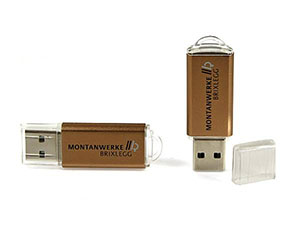 USB-Stick aus Kunststoff und Metall mit Logodruck Messingfarben