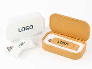 USB-Stick mit weißem Gehäuse und gravierbarem Logo-Bereich, präsentiert in einer stilvollen umweltfreundlichen Box.